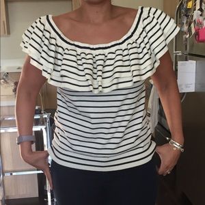 Blue & White Stripped Off-the-shoulder Knit Top